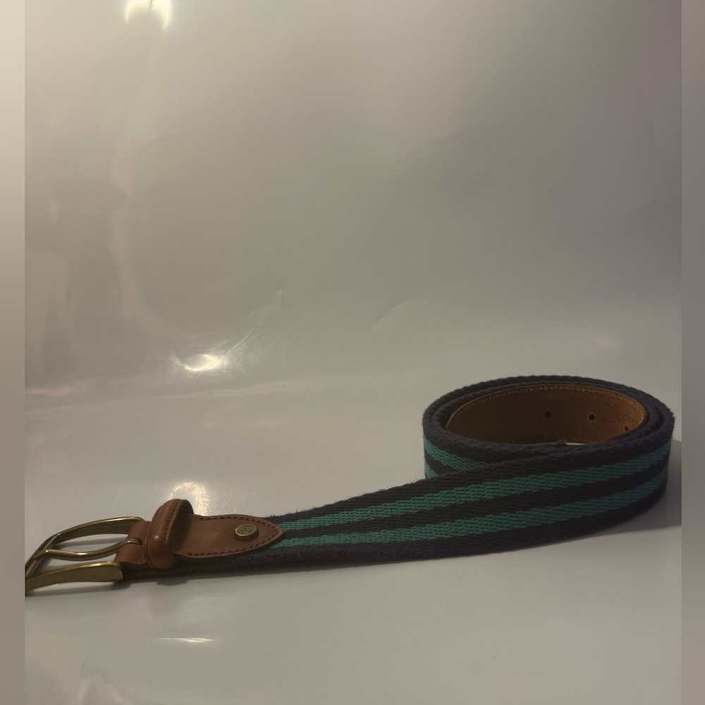 Brooks Brothers Men’s Leather Tab Navy Blue Green Stripe Belt